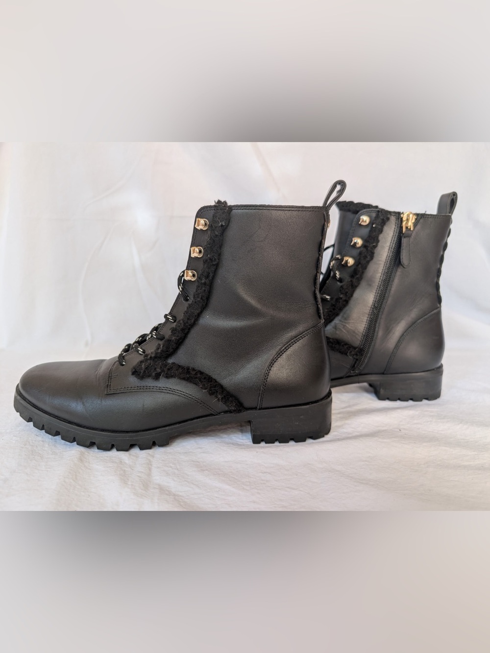 Kate Spade Black Leather Lace-Up Combat Boots with Fur Trim